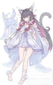 1girl absurdres animal_ear_fluff animal_ears arms_behind_back barefoot black_hair cat_ears cat_tail closed_eyes closed_mouth colored_inner_hair columbina_(genshin_impact) commentary_request dress facing_viewer full_body fumicode2_3 genshin_impact hair_ornament highres invisible_shoes kemonomimi_mode long_hair luonnotar_(genshin_impact) multicolored_hair purple_hair simple_background solo standing tail two-tone_hair very_long_hair white_background white_dress white_wings wing_hair_ornament wings