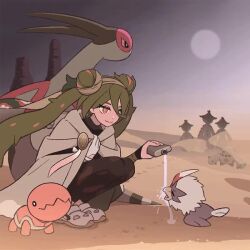 1girl 6+others animated brown_eyes cacnea cacturne canteen cloak desert double_bun drinking evening flygon footprints gen_3_pokemon gen_5_pokemon gloves ground_miku_(project_voltage) hair_bun hatsune_miku holding_canteen mikripkm moon multiple_others nintendo pokemon pokemon_(creature) pouring project_voltage rufflet sand single_glove smile squatting tagme trapinch twintails video vocaloid water