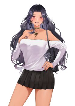 Rule 34 | 1girl, absurdres, bag, black bag, black hair, black skirt, breasts, collarbone, earrings, gold earrings, hand on own chest, handbag, highres, jewelry, landacdeus, long hair, mole, mole on breast, mole under eye, multicolored nails, multiple moles, necklace, nijisanji, nijisanji en, off-shoulder shirt, off shoulder, pleated skirt, red eyes, red nails, scarle yonaguni, shirt, skirt, solo, transparent background, two-tone nails, virtual youtuber, white nails, white shirt