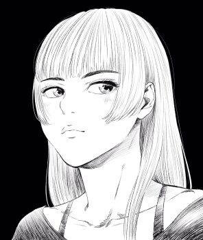 1girl bra_strap collarbone commentary_request expressionless greyscale hatching_(texture) highres lee_(dragon_garou) light_blush light_frown long_hair monochrome original sideways_glance solo
