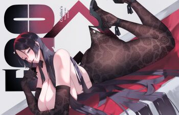 1girl absurdres ass breasts cover english_text fate_(series) gloves high_heels highres huge_ass large_breasts long_hair lying magazine_cover meme minamoto_no_raikou_(fate) no_bra on_bed pantyhose purple_eyes purple_hair slob_slime smile solo thick_thighs thighs topless_female wide_hips