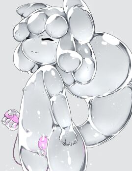 1girl akanehanagoi closed_eyes concon-collector female_focus flat_chest furry furry_female grey_background highres loli monster_girl navel nipples nude object_insertion pussy remote_control_vibrator see-through_clothes sex_toy simple_background slime_girl solo vaginal vaginal_object_insertion vibrator wavy_mouth