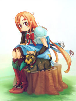 blue_dress boots bow bowtie brown_eyes dog dorothy_gale dorothy_gale_(riz-zoawd) dress fuura_zen hand_on_own_chin high_heels leather leather_boots long_hair long_skirt looking_at_viewer petting red_bow red_bowtie red_hair riz-zoawd sitting sitting_on-tree_stump skirt the_wizard_of_oz toto_(the_wizard_of_oz)