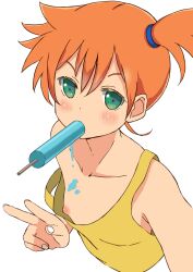 Rule 34 | 1girl, breasts, creatures (company), cropped torso, food, food in mouth, game freak, green eyes, looking at viewer, misty (pokemon), nintendo, nipples, no bra, one breast out, orange hair, pokemon, popsicle, shirt, shougakusei, simple background, sleeveless, sleeveless shirt, small breasts, solo, upper body, w, white background, yellow shirt