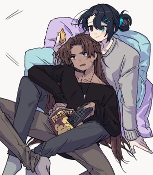 2boys between_legs black_hair brown_hair chips_(food) commentary_request controller dark-skinned_male dark_skin food full-stop_office_(identity)_(project_moon) grey_sweater heathcliff_(project_moon) highres hong_lu_(project_moon) limbus_company long_hair multiple_boys nantekottawo!! open_mouth pillow potato_chips project_moon purple_eyes remote_control simple_background smile sweater v-neck very_long_hair white_background