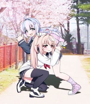 2girls ahoge backpack bag black_skirt black_thighhighs blue_archive blue_hair full_body hashtag-only_commentary highres long_sleeves low_twintails multicolored_hair multiple_girls natsu_(blue_archive) open_mouth outdoors parted_lips pink_hair ponytail reisa_(blue_archive) rifnets_(dtiko) school_uniform shirt shoes skirt smile socks striped_clothes striped_socks thighhighs twintails two-tone_hair white_shirt zettai_ryouiki