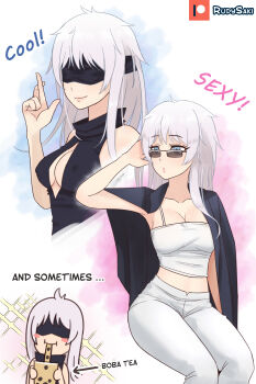 1girl absurdres bare_shoulders black_jacket blindfold blue_eyes blush breasts bubble_tea cleavage collarbone crossed_fingers female_focus genderswap genderswap_(mtf) gojou_satoru highres jacket jujutsu_kaisen long_hair looking_over_eyewear looking_over_glasses looking_to_the_side patreon_username rudy_saki smile sparkle sunglasses tank_top tinted_eyewear white_hair white_tank_top