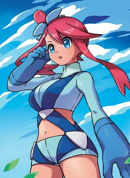 1girl blue_eyes blue_shirt blue_shorts breasts commentary crop_top cropped_jacket dark-skinned_female dark_skin english_text eyelashes hair_bun hair_ornament kirisaki_(gin16k) large_breasts leaf long_sleeves medium_breasts navel nintendo official_art open_mouth pokemon pokemon_black_and_white pokemon_card pokemon_tcg red_hair shirt short_hair_with_long_locks shorts sidelocks skyla_(pokemon) solo swept_bangs teeth third-party_edit third-party_source untranslatable_commentary upper_teeth_only wind