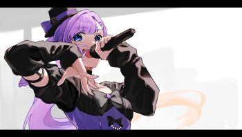 1girl :d absurdres alternate_eye_color anyoji_hime black_bow black_choker black_dress black_hat blue_eyes bow breasts choker collarbone commentary detached_sleeves dress dress_bow hair_ornament hairclip hashtag-only_commentary hat highres holding holding_microphone link!_like!_love_live! looking_at_viewer love_live! medium_breasts microphone new_black_(love_live!) open_mouth parallel_hairclips pink_hair ponytail repurika short_sleeves sleeve_garter smile solo upper_body virtual_youtuber white_background