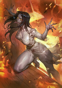 1girl 7_days_to_die aleriia_v artist_name barefoot black_hair breasts collarbone colored_skin dress fingernails fire grey_skin highres large_breasts long_hair looking_at_viewer screamer_(7_days_to_die) sharp_fingernails sharp_teeth sharp_toenails shiny_skin solo teeth toenails tongue tongue_out torn_clothes torn_dress yellow_eyes