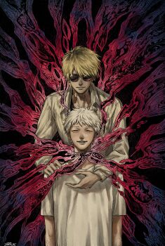 Rule 34 | 2boys, absurdres, black background, black hair, blonde hair, body horror, closed mouth, collared shirt, commentary request, facial hair, highres, hikaru ga shinda natsu, indou hikaru, long sleeves, looking at viewer, male focus, multiple boys, osirisaldington, plant roots, red pupils, shirt, short eyebrows, short hair, short sleeves, signature, simple background, stubble, sunglasses, tanaka (hikaru ga shinda natsu), upper body, white hair, white shirt