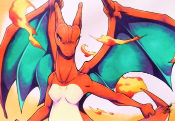 Rule 34 | 025aki, absurdres, charizard, colored skin, commentary request, dragon wings, fire, flame-tipped tail, gen 1 pokemon, highres, looking at viewer, nintendo, no humans, orange skin, pokemon, pokemon (creature), purple eyes, signature, solo, tail, wings