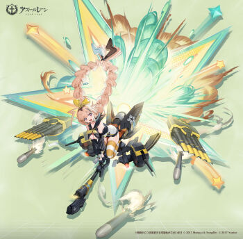 Rule 34 | 1girl, :d, absurdres, ahoge, azur lane, black gloves, black sailor collar, bow, braid, breasts, cleavage, commentary request, gloves, hair bow, highres, large breasts, long hair, low twin braids, neckerchief, official art, open mouth, orange hair, orange thighhighs, purple eyes, rigging, sailor collar, ship turret, smile, solo, star-shaped pupils, star (symbol), striped clothes, striped thighhighs, symbol-shaped pupils, thighhighs, torpedo, torpedo launcher, torpedo tubes, twin braids, very long hair, white thighhighs, william d. porter (azur lane), yellow bow, yellow neckerchief