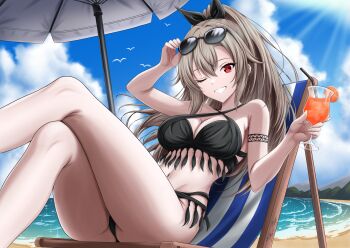 Rule 34 | 1girl, absurdres, arm up, bare shoulders, beach, beach chair, beach umbrella, bikini, black bikini, black ribbon, blue sky, breasts, cleavage, cloud, collarbone, commentary, criss-cross halter, crossed legs, cup, day, english commentary, eydis (sao), eyewear on head, food, fruit, grey hair, grin, groin, hair between eyes, hair intakes, hair ribbon, halterneck, high ponytail, highres, holding, holding cup, juice, large breasts, long hair, looking at viewer, mixed-language commentary, navel, ocean, one eye closed, orange (fruit), orange juice, orange slice, outdoors, phanuchan, ponytail, red eyes, ribbon, sidelocks, signature, simple bird, sitting, sky, smile, solo, stomach, sunglasses, swimsuit, sword art online, sword art online: alicization, sword art online: unleashed blading, teeth, umbrella