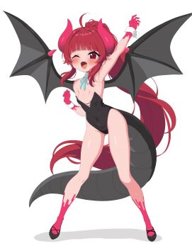 1girl black_leotard breasts commentary_request dragon_girl dragon_girl_(ransusan) dragon_horns dragon_tail fangs full_body highres horns leotard long_hair looking_at_viewer one_eye_closed open_mouth original ponytail ransusan red_eyes red_hair small_breasts smile solo tail very_long_hair