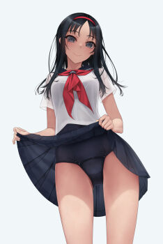 1girl black_hair black_one-piece_swimsuit black_sailor_collar black_skirt clothes_lift cowboy_shot grey_eyes hairband highres long_hair murakami_suigun neckerchief old_school_swimsuit one-piece_swimsuit original pleated_skirt red_hairband red_neckerchief sailor_collar sailor_shirt school_swimsuit school_uniform serafuku shirt simple_background skirt skirt_lift solo summer_uniform swimsuit white_background white_shirt