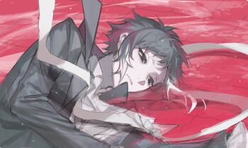 Rule 34 | 1boy, absurdres, akutagawa ryuunosuke (bungou stray dogs), ascot, bandages, bell sleeves, black eyes, black hair, black jacket, bungou stray dogs, closed mouth, commentary request, highres, jacket, long sleeves, looking ahead, lying, male focus, multicolored hair, on side, pool, refraction, short bangs, short hair, solo, streaked hair, two-tone hair, upper body, very short hair, white ascot, white streaks, yosuga sirojiro
