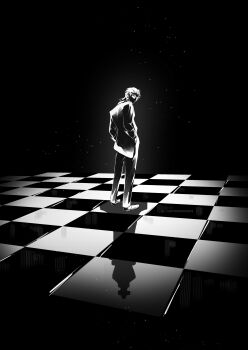 Rule 34 | 1boy, absurdres, cantdrawhands, checkered floor, chess piece, coat, different shadow, full body, glowing, greyscale, hair slicked back, hands in pockets, highres, king (chess), light particles, looking at viewer, looking back, monochrome, mullet, solo, standing, to be hero, to be hero x, white hair, x (to be hero x)
