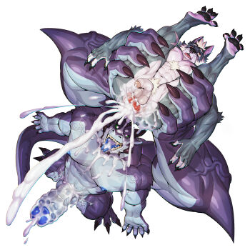 absurdres anal_prolapse bara claws colored_sclera cum cum_in_ass cum_in_mouth cum_on_body cum_on_penis cum_on_tongue dragon_boy dragon_tail ejaculation extra_arms fangs forked_tongue furry furry_male green_sclera highres huge_penis jacketbear male_focus muscular muscular_male orange_eyes original penis prolapse purple_eyes simple_background tail tears tongue veins white_background wolf_boy yaoi