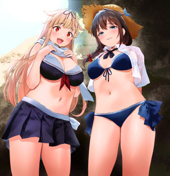 2girls :d absurdres bikini bikini_skirt black_bikini blonde_hair blue_bikini blue_eyes blunt_bangs blush bow braid breasts brown_hair closed_mouth commentary_request hair_between_eyes hair_bow hat hat_ribbon highres kantai_collection long_hair looking_at_viewer medium_breasts multiple_girls navel open_mouth outdoors pleated_skirt red_bow red_eyes ribbon scarf shigure_(kancolle) shigure_kai_san_(kancolle) shigure_kai_san_(swimsuit)_(kancolle) shirt sidelocks skirt small_breasts smile standing straw_hat swimsuit teeth thighs umakuchi_shouyu upper_teeth_only white_scarf white_shirt yuudachi_(kancolle) yuudachi_kai_ni_(kancolle) yuudachi_kai_ni_(swimsuit)_(kancolle)