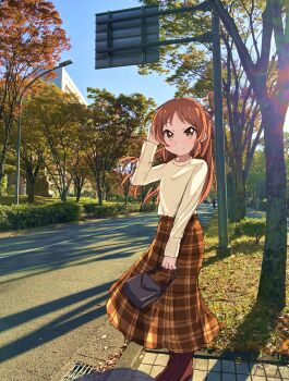1girl absurdres autumn autumn_leaves bag blue_sky blush boots brown_boots brown_eyes brown_hair brown_skirt choudai-sama closed_mouth day full_body handbag highres holding holding_bag idolmaster idolmaster_cinderella_girls leaf long_hair long_skirt long_sleeves looking_at_viewer outdoors park photo_background plaid_clothes plaid_skirt road skirt sky smile solo standing sweater tachibana_arisu tree white_sweater
