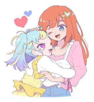 2girls blue_eyes blue_skirt blush camisole cat_hair_ornament collarbone commentary_request denim denim_skirt dress grey_background hair_behind_ear hair_ornament hand_on_another&#039;s_head headpat heart heart_hair_ornament height_difference hibino_matsuri highres hug looking_down multiple_girls myamu nojima_minami pink_shirt pretty_series purple_eyes shirt skirt smile waccha_primagi! white_camisole white_shirt yellow_dress