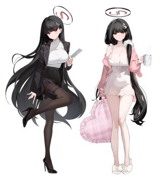 1girl absurdres alternate_costume black_coat black_hair black_halo black_panties black_skirt blue_archive breasts cleavage coat coffee_mug commentary cup dress english_commentary full_body halo heart heart-shaped_pillow high_heels highres holding holding_cup holding_pillow holding_tablet_pc large_breasts long_hair looking_at_viewer mug multiple_views panties pillow pink_sweater red_eyes rio_(blue_archive) simple_background skirt slippers sweater tablet_pc turtleneck turtleneck_sweater underwear very_long_hair white_background white_dress white_sweater wony_(yzxy2737)