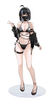 1girl absurdres bikini black_hair black_mask blue_hair breasts cleavage cross cross_earrings earrings highres incredibly_absurdres irene_(kanniiepan) jewelry kanniiepan large_breasts looking_at_viewer mask mole mole_on_breast mouth_mask multicolored_hair navel original short_hair simple_background skull_and_crossbones solo standing swimsuit tabi two-tone_hair v white_background