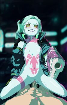 1boy 1girl abs absurdres aiming aiming_at_viewer aqua_pubic_hair artist_name aseiusx black_jacket blurry blurry_background blush breasts cleft_of_venus clitoral_hood clitoris clothed_female_nude_male colored_pubic_hair colored_sclera colored_skin completely_nude cowgirl_position cyberpunk_(series) cyberpunk:_edgerunners erect_clitoris erection evil_grin evil_smile feet_out_of_frame female_pubic_hair femdom girl_on_top gluteal_fold green_hair green_pubic_hair grin gun handgun hetero highres holding holding_gun holding_weapon jacket leg_tattoo loli long_hair long_sleeves looking_at_viewer male_pubic_hair muscular muscular_male naked_jacket navel nipples nude open_clothes open_jacket penis pov pubic_hair purple_lips pussy pussy_juice pussy_juice_trail rebecca_(cyberpunk) red_eyes red_sclera revision sex shiny_skin small_breasts smile solo_focus spread_legs stomach_tattoo straddling tareme tattoo teeth twintails twitter_username uncensored vaginal watermark weapon white_skin