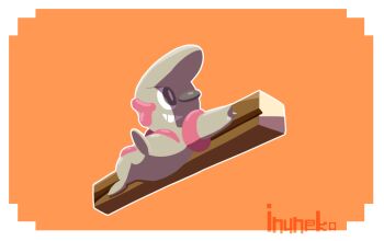 Rule 34 | artist name, black eyes, border, bright pupils, commentary request, fdft4787, full body, gen 5 pokemon, nintendo, orange background, outline, pokemon, pokemon (creature), pokemon focus, smile, solo, teeth, timburr, white border, white outline, white pupils, wooden beam