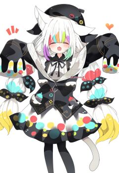 Rule 34 | 1girl, :d, absurdres, animal ears, beret, black jacket, black ribbon, black skirt, bow, cat ears, cat girl, cat tail, closed eyes, collared shirt, commentary request, facing viewer, feet out of frame, hands up, hat, highres, jacket, jogasaki noah, kemonomimi mode, long hair, long sleeves, mahou shoujo no majo saiban, multi-tied hair, multicolored hair, neck ribbon, notice lines, open mouth, polka dot, polka dot bow, ribbon, shirasuame shiromaru, shirt, skirt, sleeves past fingers, sleeves past wrists, smile, solo, standing, streaked hair, tail, white hair, white shirt