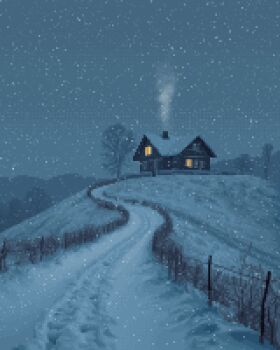 aleha_84 animated animated_gif chimney cloud cloudy_sky commentary english_commentary fence grey_sky hill house looping_animation night no_humans original outdoors path pixel_art road scenery sky smoke snow snowing tree winter