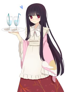 Rule 34 | 1girl, apron, black hair, blush, bow, closed mouth, collared shirt, commentary request, cowboy shot, cup, drinking glass, drinking straw, frilled shirt collar, frilled sleeves, frills, heart, holding, holding tray, houraisan kaguya, long hair, long skirt, long sleeves, looking at viewer, pink shirt, red eyes, red skirt, shirt, simple background, skirt, smile, solo, touhou, tray, tsuno no hito, very long hair, white apron, white background, white bow, wide sleeves