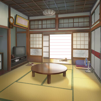 cat chabudai clock commentary crt electric_fan game_console highres indoors isobe_toast lamp no_humans original pendulum_clock scenery shelf sliding_doors table tatami wooden_table