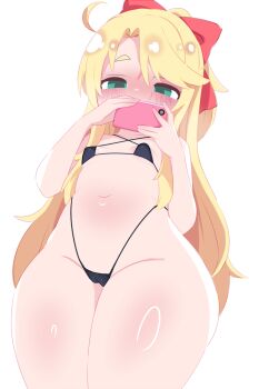 1girl ahoge bikini black_bikini blonde_hair blush bow breasts cameltoe cellphone from_below green_eyes hair_bow highleg highleg_bikini himesaka_noa holding holding_phone kukuchi581 kyojiri_loli loli long_hair looking_at_phone looking_at_viewer micro_bikini navel phone ponytail red_bow ribbon selfie simple_background small_breasts smartphone solo swimsuit thick_thighs thighs watashi_ni_tenshi_ga_maiorita! white_background