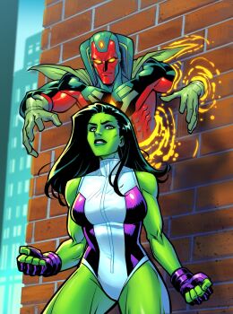 Rule 34 | 1boy, 1girl, blue sky, cape, colored sclera, colored skin, commentary, cowboy shot, english commentary, fingerless gloves, forehead jewel, gloves, glowing, glowing eyes, green cape, green eyes, green gloves, green hair, green lips, green skin, highres, intangible, jennifer walters, joeyvazquezart, leotard, long hair, looking at another, marvel, multicolored leotard, muscular, muscular female, muscular male, no pupils, official art, parted lips, purple leotard, robot, she-hulk, sky, two-tone leotard, vision (marvel), western comics (style), white leotard, yellow sclera