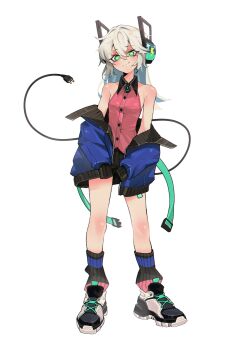 1girl absurdres anomarasu bare_legs bare_shoulders blue_jacket borrowed_character breasts commentary digitan_(porforever) electric_plug electric_plug_tail english_commentary flipped_hair hair_between_eyes hairband highres jacket light_blush long_hair loose_socks off_shoulder original red_shirt robot_ears shirt shoes simple_background sleeveless sleeveless_shirt small_breasts smile sneakers socks solo star-shaped_pupils star_(symbol) symbol-shaped_pupils tail untucked_shirt white_background white_hairband wing_collar