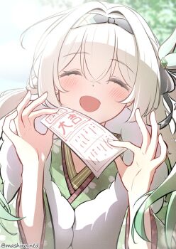 1girl alternate_costume artist_name black_hairband black_ribbon blush closed_eyes commentary_request crossed_bangs fingernails firefly_(honkai:_star_rail) floral_print fur_trim gem green_gem green_kimono grey_hair hair_between_eyes hair_ornament hair_ribbon hairband hands_up happy_new_year highres honkai:_star_rail honkai_(series) japanese_clothes kimono leaf_hair_ornament long_fingernails long_hair long_sleeves mashiro_(user_65392488) new_year open_mouth ribbon sidelocks smile solo sparkle upper_body wavy_hair wide_sleeves