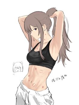 2girls armpits arms_up bite_mark bite_mark_on_breast bite_mark_on_neck bite_mark_on_stomach black_sports_bra breasts brown_hair commentary cowboy_shot hair_tie hair_tie_in_mouth hickey highres long_hair looking_at_viewer looking_to_the_side magnet20231027 medium_breasts miyagi_shiori mouth_hold multiple_bite_marks multiple_girls navel no_shirt pants ponytail purple_eyes sendai_hazuki shuuniichido_classmate_wo_kau_hanashi sideways_glance simple_background sketch solo_focus sports_bra standing stomach tying_hair variant_set white_background white_pants yuri