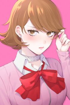 1girl blush bow bowtie breasts brown_eyes brown_hair cardigan closed_mouth commentary earrings embarrassed eyelashes flipped_hair highres holding_own_hair jewelry lipgloss lips long_sleeves looking_at_viewer loose_bowtie medium_breasts nm_ngi persona persona_3 persona_3_reload pink_cardigan pink_lips pink_nails playing_with_own_hair red_bow red_bowtie ribbed_cardigan shirt short_hair shy solo stud_earrings swept_bangs takeba_yukari upper_body white_shirt wing_collar zipper
