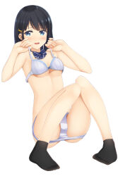 Rule 34 | 1girl, absurdres, adjusting bra, adjusting clothes, apollo (hu maple), black hair, black socks, blue bow, blue bowtie, blue bra, blue eyes, blue panties, bow, bow bra, bowtie, bra, breasts, commentary, crotch seam, hair ornament, hairclip, highres, leaning back, looking at viewer, medium hair, open mouth, original, panties, panty pull, simple background, sitting, small breasts, smile, socks, solo, underwear, underwear only, white background