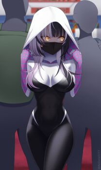 1girl 2others absurdres aozora_(aozora2277) backpack bag black_bodysuit black_hair bodysuit breasts commentary cosplay english_commentary grey_hair highres hololive hololive_english hood hooded_bodysuit large_breasts marvel mask mouth_mask multicolored_bodysuit multicolored_hair multiple_others purple_bodysuit shiori_novella solo spider-gwen spider-gwen_(cosplay) spider-man_(series) spider_web_print split-color_hair superhero_costume twitter_username two-tone_hair virtual_youtuber white_bodysuit yellow_eyes