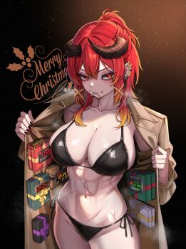 1girl abs bikini black_background black_bikini box breasts breasts_out brown_background c4 christmas coat cross_scar ear_piercing english_text explosive face_piercing fingernails gift gift_box grad hair_ornament kuraken large_breasts mouth_piercing muscular muscular_female navel orange_hair original panties piercing public_indecency red_eyes scar sharp_fingernails side-tie_bikini_bottom swimsuit terrorist underwear white_iris x_hair_ornament