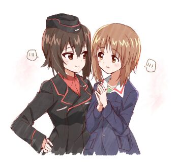 Rule 34 | 2girls, black jacket, blue jacket, blush, breast pocket, brown eyes, brown hair, collar, cross, dress shirt, garrison cap, girls und panzer, green shirt, hair between eyes, hand on own hip, hat, jacket, kuromorimine military uniform, looking at another, military, military hat, military uniform, military vehicle, multiple girls, nishizumi maho, nishizumi miho, ooarai military uniform, own hands clasped, own hands together, pocket, red shirt, red skirt, shirt, short hair, siblings, simple background, sisters, skirt, wataru (chirimenjako), white collar, wing collar