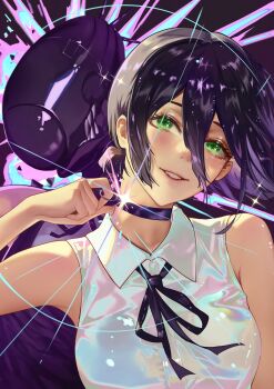 1girl black_choker black_hair black_ribbon bomb_devil_(chainsaw_man) breasts chainsaw_man choker collared_shirt commentary_request double-parted_bangs explosion explosion_background eyegirl green_eyes grenade_pin hair_between_eyes hand_up highres iridescent_clothes long_hair_between_eyes looking_at_viewer medium_breasts neck_ribbon nose object_head parted_lips pulling purple_background reze_(chainsaw_man) ribbon shirt short_hair sleeveless sleeveless_shirt smile solo_focus upper_body white_shirt