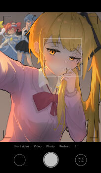 3girls absurdres akita_neru blonde_hair blurry blurry_background blurry_foreground blush commentary covering_own_mouth ddade depth_of_field embarrassed grin hatsune_miku headpat highres holding holding_own_hair ima_sugu_rinne_(vocaloid) kasane_teto multiple_girls pink_sweater red_ribbon ribbon selfie shirt side_ponytail smile sweater triple_baka_(vocaloid) triple_ryuunen utau viewfinder vocaloid white_shirt yellow_eyes zako_(vocaloid)