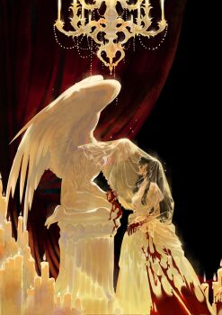 1boy 1girl absurdres black_hair blood blood_on_clothes blood_on_hands blood_splatter chandelier commentary_request curtains dress feathered_wings full_body gost_56 highres holding_hands korean_commentary long_hair muscular muscular_male nude original seiza shared_veil sitting statue veil white_dress white_wings wings