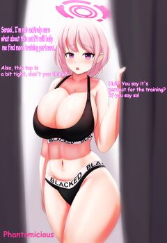 absurdres blue_archive blush breasts cleavage commentary curtain_grab curtains eimi_(blue_archive) english_commentary english_text halo highres huge_breasts looking_at_viewer navel open_mouth phantomicious pink_eyes pink_hair pink_halo short_hair sports_bra