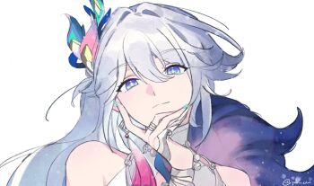 1girl bare_shoulders blue_eyes bracelet claws commentary earrings fur_trim hair_between_eyes hand_on_own_chin hashtag-only_commentary highres honkai:_star_rail honkai_(series) jewelry long_hair nail_polish necklace peacock_feathers_hair_ornament ring single_earring symbol-only_commentary tassel white_background white_hair yao_guang_(honkai:_star_rail) yohmeii