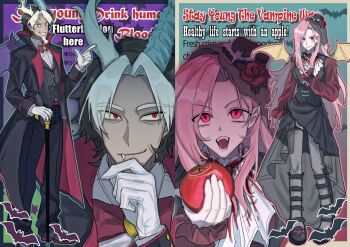 1boy 1girl antlers apple arm_at_side ascot asymmetrical_horns asymmetrical_wings bat_(animal) bat_hat_ornament bat_wings beard black_coat black_hair black_hat black_pants black_shoes black_skirt black_vest blood blood_on_clothes blue_background blue_outline bow bowtie cane closed_mouth coat collared_shirt colored_shoe_soles commentary curtained_hair dark-skinned_male dark_skin discord_(my_little_pony) empty_eyes english_commentary english_text erkengek eyes_visible_through_hair facial_hair fang fang_out fangs feathered_wings flower flutterbat fluttershy food frilled_sleeves frills fruit full_body garter_straps gloves goatee grey_thighhighs grin hair_over_one_eye hand_on_cane hand_on_own_chest hand_on_own_chin hat hat_flower hat_ornament high-low_skirt highres holding holding_food holding_fruit horns humanization l_hand lapels long_beard long_hair long_sleeves looking_at_viewer mini_hat mini_top_hat mismatched_horns mismatched_wings multicolored_hair multiple_views my_little_pony my_little_pony:_friendship_is_magic open_mouth outline pants parted_bangs peaked_lapels pink_eyes pink_hair pink_outline pointy_ears purple_background red_bow red_bowtie red_eyes red_flower red_rose red_shirt rose shirt shoes short_hair sidelocks skirt slit_pupils smile smirk standing text_background thighhighs tilted_headwear top_hat traditional_bowtie two-sided_coat two-sided_fabric two-tone_hair vampire very_long_hair vest white_ascot white_gloves white_hair white_shirt wing_collar wings yellow_wings